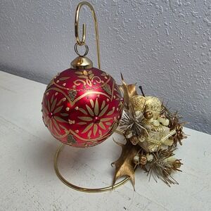 Red Gold Beaded Christmas Ornament Festive Holiday Decor Ball‎ Elegant Glitter